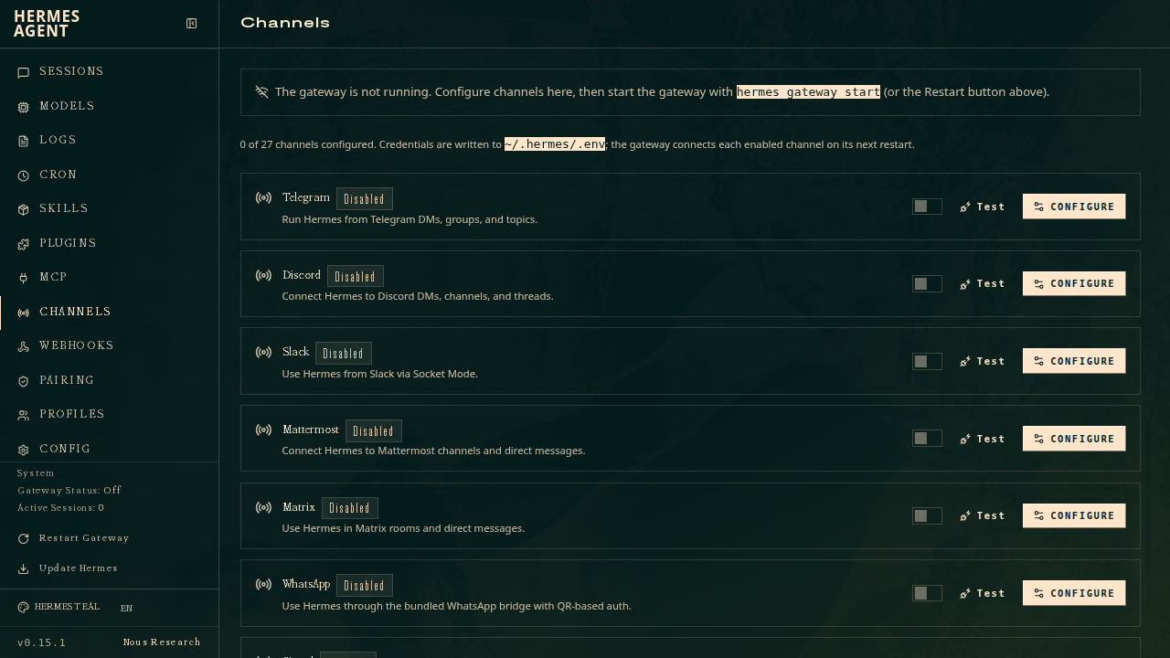Channels admin page — every messaging platform with status, enable toggles, and per-platform setup forms
