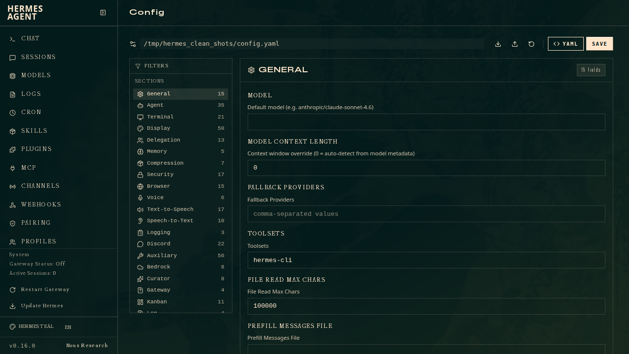 Config admin page — section filters on the left, auto-discovered fields on the right