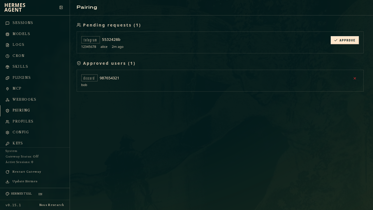 Pairing admin page